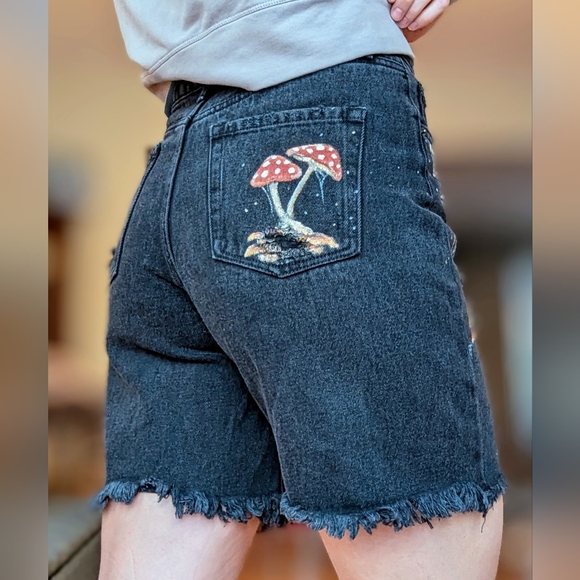 Handmade Denim - Handpainted Black Bermuda Jean Shorts with Mushroom Streetware